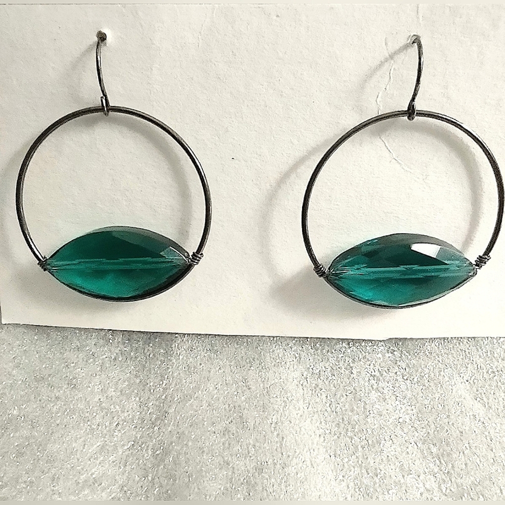 Black Gunmetal  Green Translucent Bead Hoop Earrings